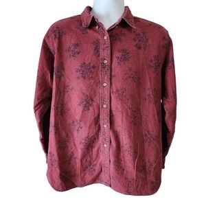 Vintage 90s L.L. Bean Floral Button Front Shirt Women's Medium USA Cotton Red